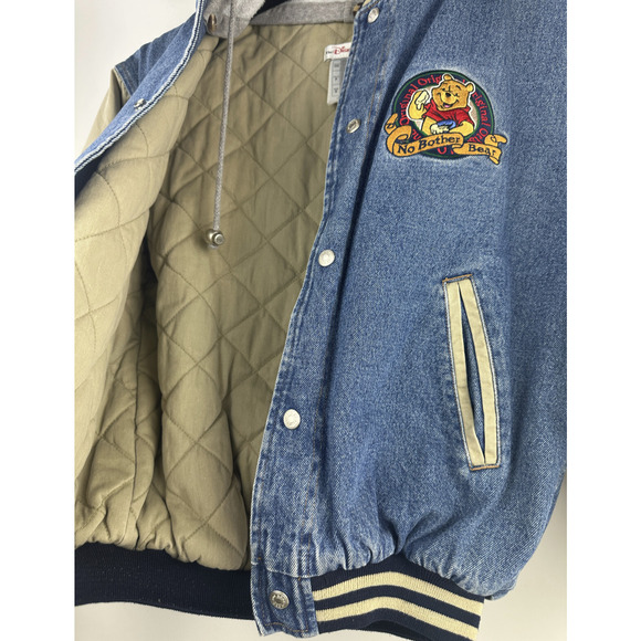 VTG Disney Store Winnie The Pooh Patch No Bother Bear Snap Denim Bomber Jacket S - Picture 8 of 16